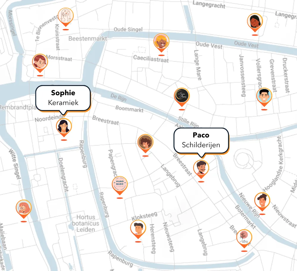 Kaart van Leiden met lokale makers op Ubivendo